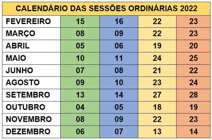 Calendário das Sessões Ordinárias 2022